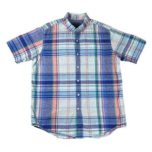 Club Room Mens Large Linen Cotton Plaid Short Sleeve Button Down Shirt Blue